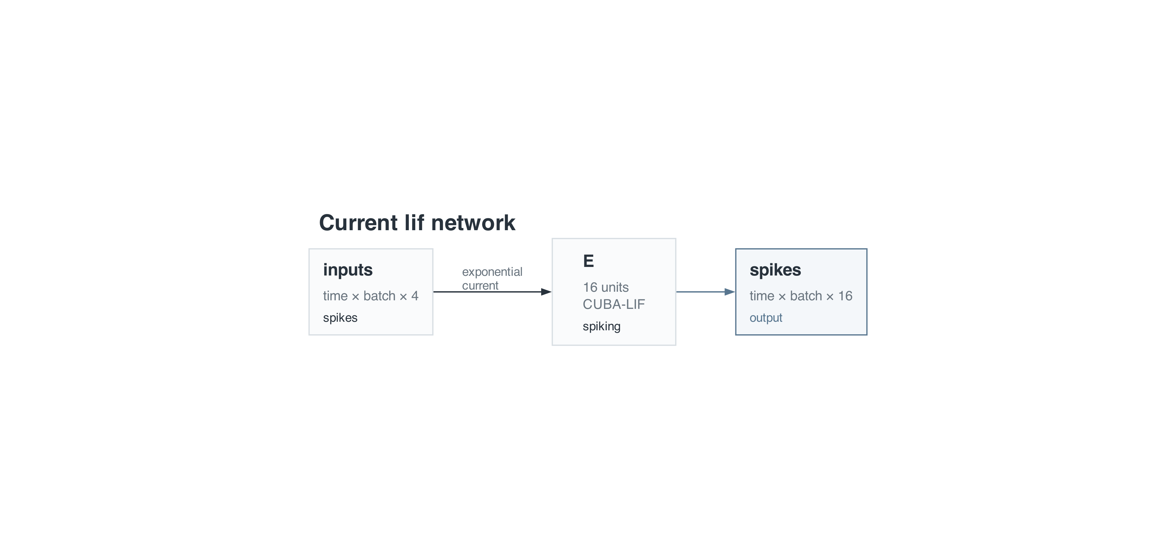 Four input channels connect through exponential current synapses to 16 current-based LIF cells.