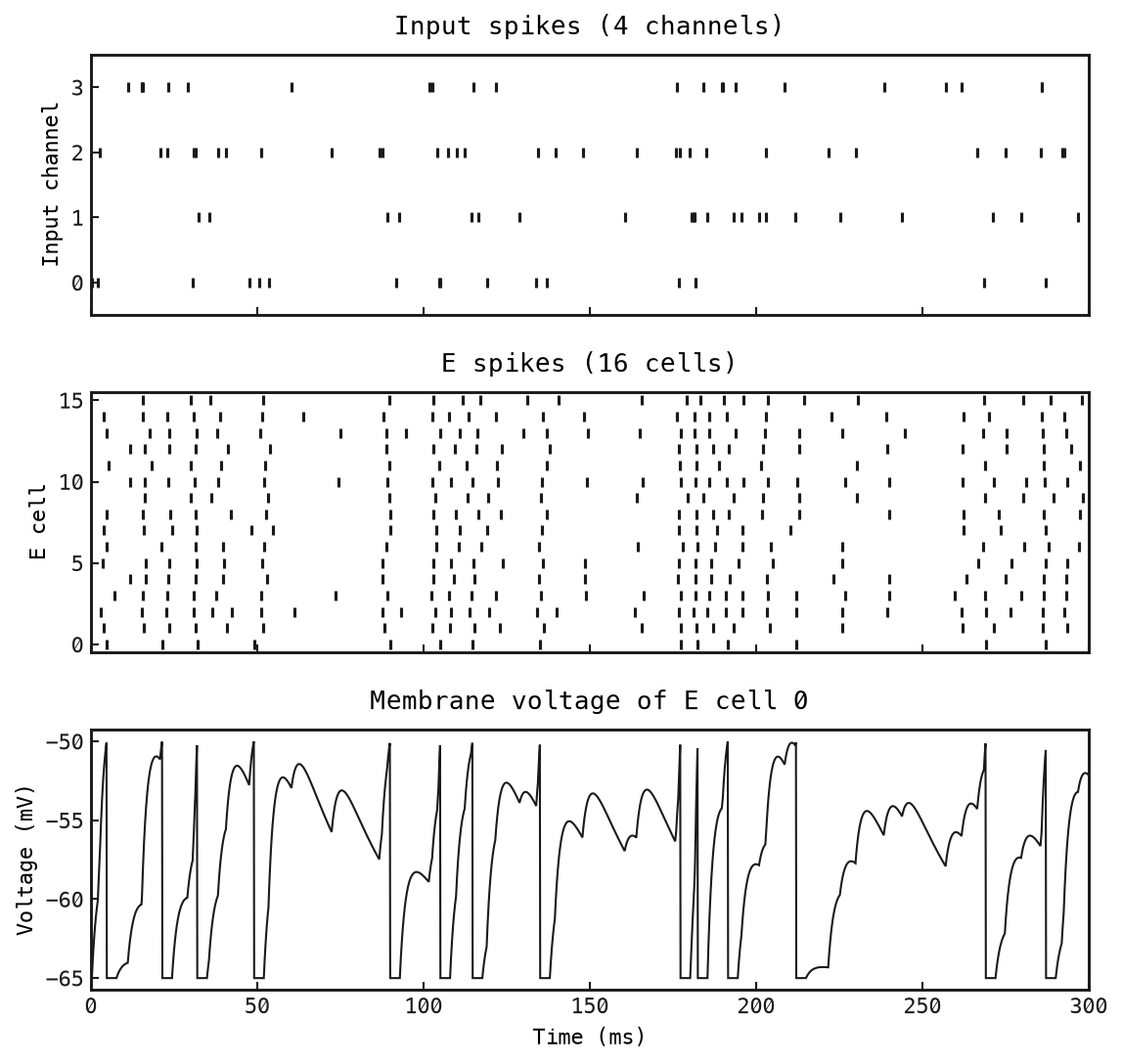Three rows sharing a time axis over 300 milliseconds: 4-channel input spike raster, 16-cell excitatory spike raster, and E cell 0 membrane voltage.